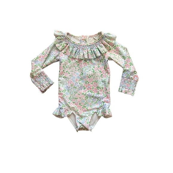 Cecil and Lou Floral Smocked Lycra Rashguard Swimsuit - Picture 1 of 4